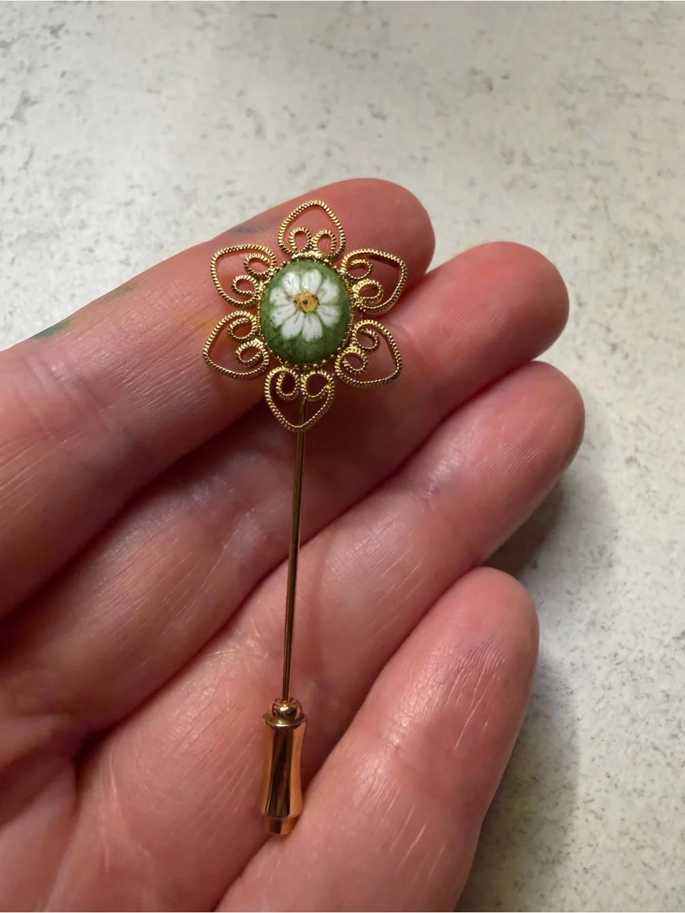 Gold Floral Stick Pin with Green and White Enamel
